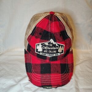 Red and Black Plaid Trucker Hat. The Mountains Are Calling And I Just Go.